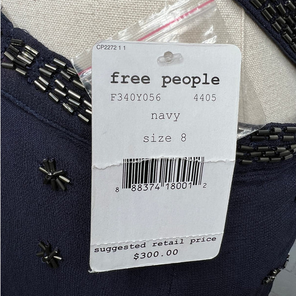 NWT! Free People 8 BEADED Halter Boho V-Neck Navy Blue Morning Dew Cut Out Dress - Picture 8 of 11